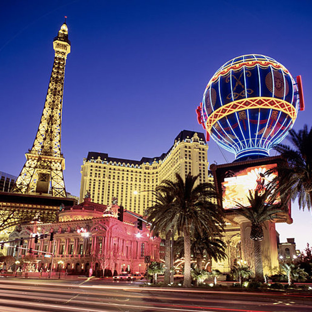 Low Angle View Of A Replica Of The Eiffel Tower Lit Up At Night Paris Las Vegas Hotel And Casino Las Vegas Nevada Usa Travelmedia Ie